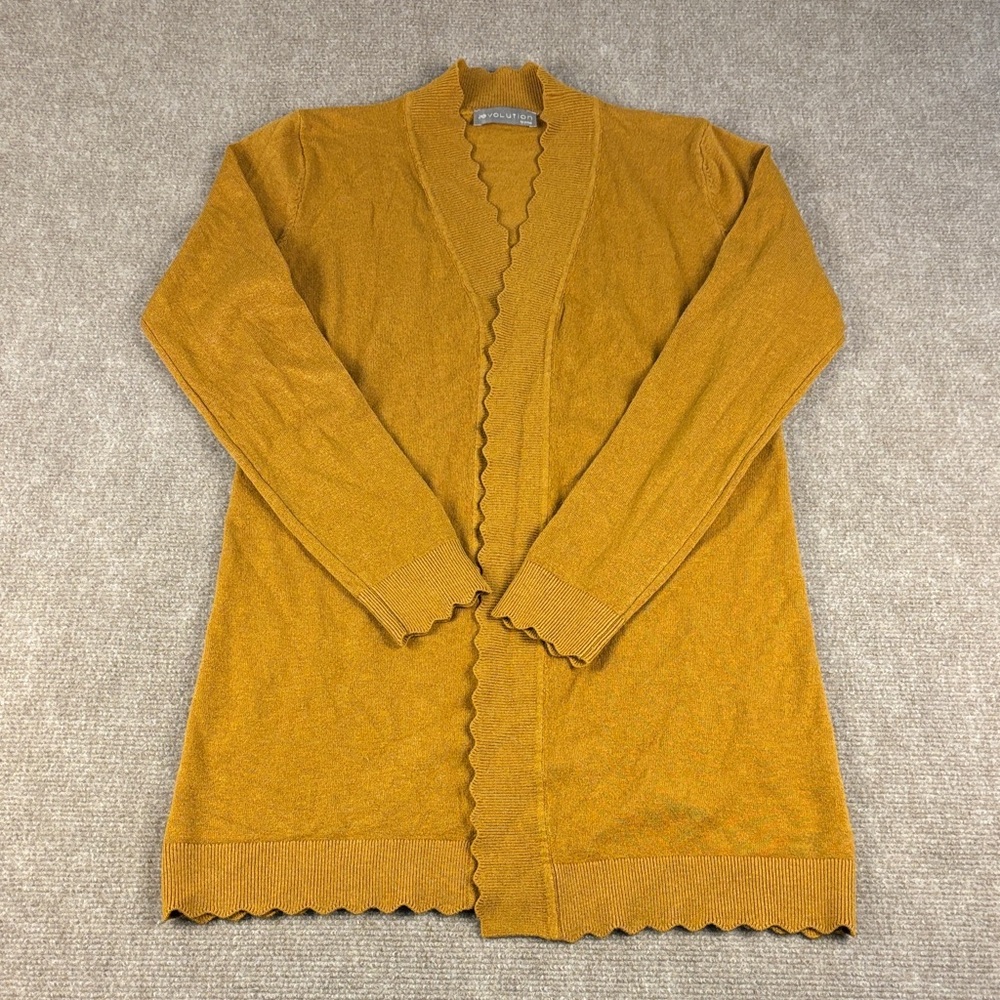 evolution by Cyrus Scalloped Edge Mustard Cardigan Sweater Size XSP NWOT